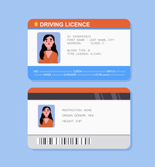 Driving licence template. Document for female driver. Woman avatar at mock up. Young girl at ID card. Graphic element for website. Cartoon flat vector illustration isolated on blue background