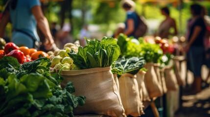 People shopping at a lively outdoor farmers market, browsing fresh produce and handmade goods.