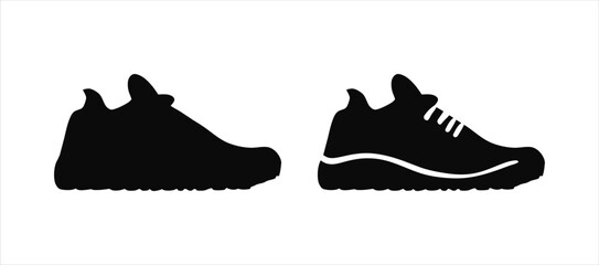 Sneaker. Black and white icon, silhouette. Vector illustration isolated on white background. Shoes for sports. Simple flat graphics. Design element, pictogram, logo. - obrazy, fototapety, plakaty