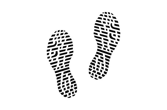 Human shoe footprints. Pair of prints of boots or sneakers. Left and right leg. Shoe sole. Black and white vector isolated on white background. Icon, symbol, pictogram. Design element.