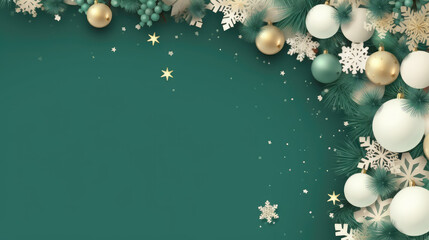 Green Christmas, winter holiday background with pine tree branches decorated by balls, snowflakes. Free space for your text or decoration. Christmas greeting card, invitation banner concept.