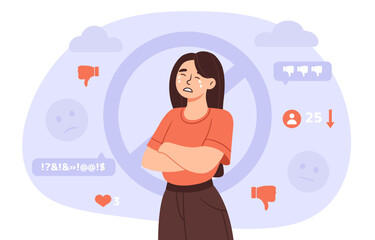 Emotional content concept. Sad woman with negative emotions. Frustration about messengers informations. Mental health and psychology. Cartoon flat vector illustration isolated on white background