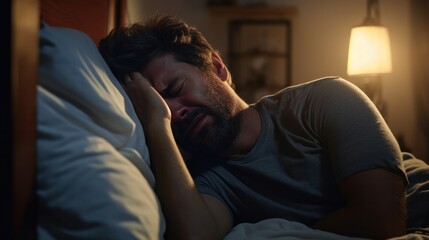 A man having trouble sleeping in bed.