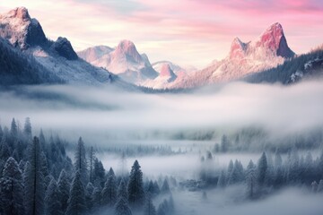 Beautiful landscape mountain forest at sunrise in Winter with snow. Winter seasonal concept.