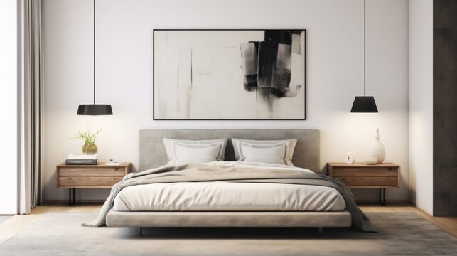A contemporary bedroom with a white bed and wooden floor.