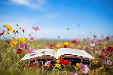 An opened book in wild flower field in wild with variable colors in Spring. Spring seasonal concept. - obrazy, fototapety, plakaty