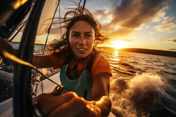 Wide angle view of a female riding on sailing boat at sunset. Water sports. Summer tropical vacation concept. - Powered by Adobe