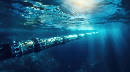 Underwater oil pipeline traversing through the deep blue ocean, a symbol of industrial transfer and energy transportation. - obrazy, fototapety, plakaty