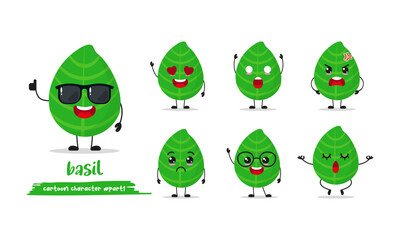 cute basil cartoon with many expressions. ingredient character different activity pose vector illustration flat design set with sunglasses.