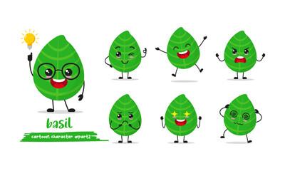 cute basil cartoon with many expressions. ingredient character different activity pose vector illustration flat design set.
