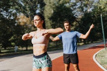 Obraz premium Caucasian couple challenge themselves with rigorous outdoor exercises in a sunny park. Sporting professional athletic gear, they warm up, stretch, and workout to maintain their healthy lifestyle.