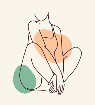 Femaly body line concept. Minimalistic creativity and art. Aesthetics and elegance. Sexy woman sits in white bra. Flyer and leaflet. Linear flat vector illustration isolated on beige background
