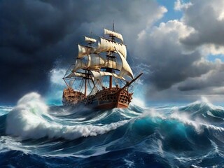 
the caravel was caught in a storm in the ocean