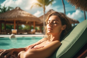 Beautiful lady rest on beach couch in spar session with relaxed expression in luxury resort. Summer tropical vacation concept.