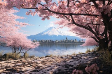 Mt Fuji and beautiful blooming cherry blossom woods by lake in Spring. Spring seasonal concept.