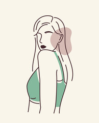 Femaly body line concept. Minimalistic creativity and art. Aesthetics and beauty. Sexy girl in green top. Fashionable magazine. Linear flat vector illustration isolated on beige background