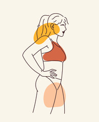 Femaly body line concept. Minimalistic creativity and art. Aesthetics and beauty. Sexy girl in red top. Cover or banner. Linear flat vector illustration isolated on beige background