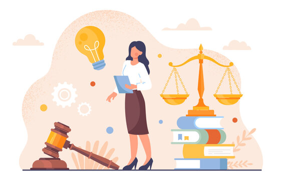 Female Lawyer Concept. Woman At Background Of Scales And Judge Gavel. Jurispridence And Law. Legal Support Of Deals And Agreements. Cartoon Flat Vector Illustration Isolated On White Background