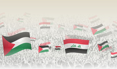 Palestine and Iraq flags in a crowd of cheering people. - obrazy, fototapety, plakaty