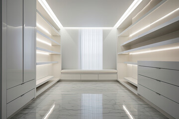 A minimalist white dressing room with vacant shelves and a sleek design. Bright LED strips illuminate white cabinetry.