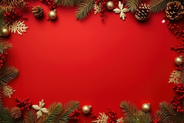 Fototapeta na wymiar festive Christmas decorations on red background, christmas background with branches and cones