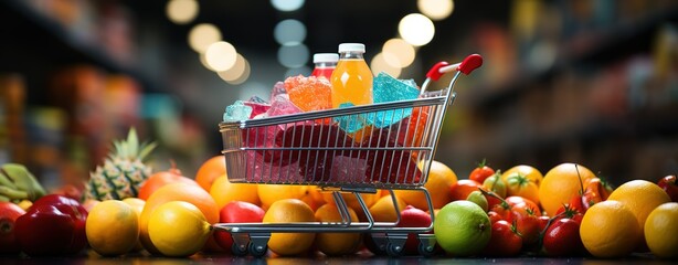 image of a shopping cart filled with fruits, cart with fruit