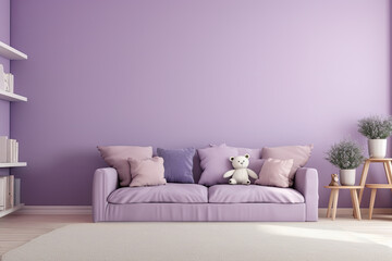 A gentle lavender wall in a child's room, a lavender sofa in the center.