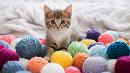 Fototapeta na wymiar A striped cat lies between multi-colored balls, skeins of threads on a white bed. A small curious kitten lies on a white blanket and looks at the camera