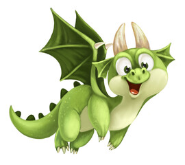 Cute green Dragon flies forward on a white background