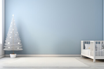 A soft powder blue wall in a child's room, a x-mas tree and a crib.