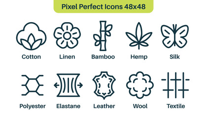 Set of fabric types or product material. Cotton, Polyester, Wool, Bamboo icons