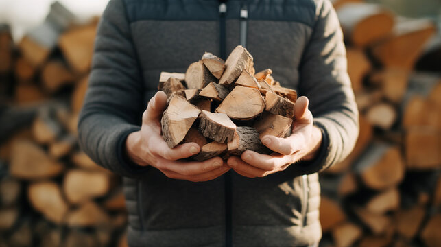 A man holds in hand firewood for a future bonfire. Preparing to light a fire in the fireplace. The lumberjack is preparing firewood for the warm in winter. Countryside, outdoor working. Generated AI - Powered by Adobe
