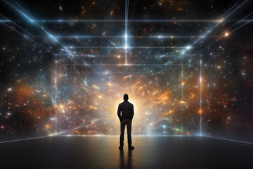 Fototapeta na wymiar A person standing in a dark room, looking at a large picture of outer space. The image of space is a hologram, glowing with stars, galaxies, and nebulae. The person is in awe