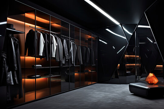 A masculine walk-in closet boasting dark slate shelving and empty, recessed compartments.
