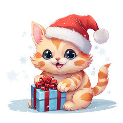 Transparent background, cartoon style, happy cute cat with Christmas booble hat pulling gift off