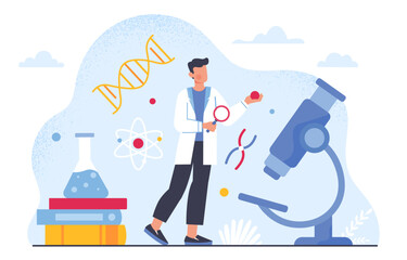 Genetics reserarching concept. Man in medical uniform near microscope with structure of DNA. Scientist connduct research and experiment in laboratory. Cartoon flat vector illustration