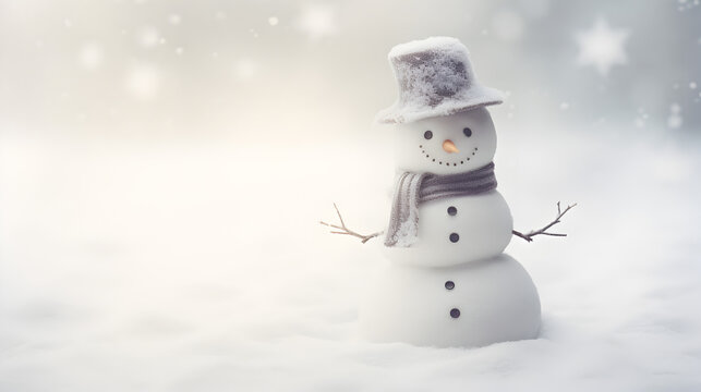 A lovely snowman with pink scarf and wool hat on a snowy winter landscape. Season greetings concept, copy space