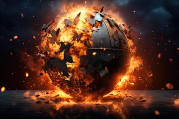 End of the World. Complete destruction of planet. Global warming, burning earth damage. Earth destroyed by war. Nuclear bomb and World War. Apocalypse concept