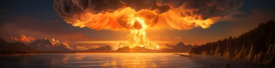 Fotobehang Nuclear explosion of atomic bomb in city. Town destroyed by atomic war. World war, last days of mankind. Environmental protection and the dangers of nuclear energy. End of world concept © ratatosk