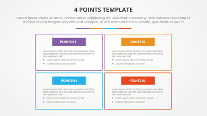 4 points stage template infographic concept for slide presentation with big box outline on matrix structure with 4 point list with flat style