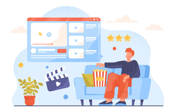 Home theater concept. Man sitting at sofa or armchair with popcorn and watch multimedia. Interesting content. Rest and entertainment at evening. Cartoon flat vector illustration