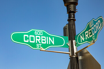 street sign Corbin and N Record at the historic district in Dallas, Texas