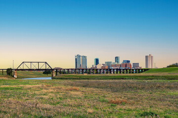 skyline of Fort worth seen from the river Trinity park, Texas