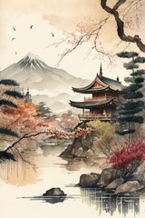Asian classical pavilion painting - obrazy, fototapety, plakaty