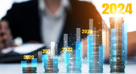Growth coin stack symbolizing business investment and economic growth. Business people doing...