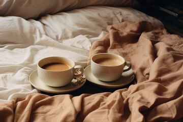 Morning treat with coffee cups in bed