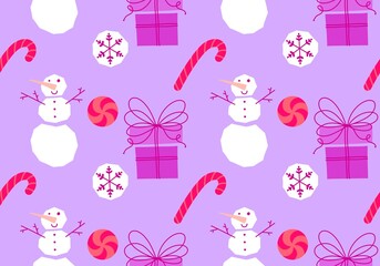 Cartoon winter ice seamless snowman and snowflakes and candy pattern for Christmas packaging and new year