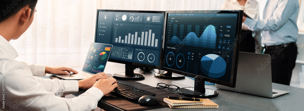 Poster analyst working on data analysis or bi dashboard on computer monitor. business team analyzing financ