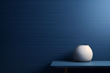 Beautiful versatile dark blue empty background, with a white vase on a blue table, and shadow light, for product presentation