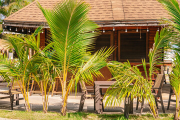Closed summer restaurant, small palms, brown wooden table with two chairs, tropical resort hotel